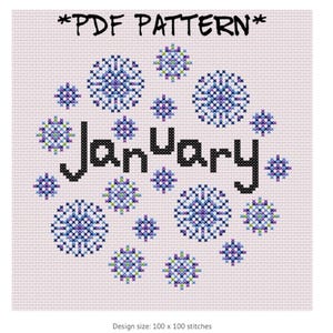 Op de afbeelding: Een kruissteekpatroon met het woord "January" in zwart, omringd door blauwe, paarse en groene sneeuwvlokachtige ontwerpen. De tekst "*PDF PATTERN*" staat bovenaan. Ontwerpformaat: 100 x 100 steken.