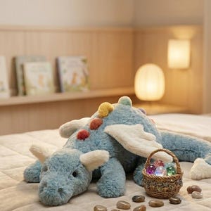 K&ouml;nnte beinhalten: Ein blaues Pl&uuml;schdrachen-Spielzeug mit wei&szlig;en Fl&uuml;geln und H&ouml;rnern liegt auf einem Bett. Ein kleiner Weidenkorb mit leuchtenden Kugeln steht daneben, zusammen mit mehreren glatten, dunklen Steinen. Das Thema ist fantasievoll.