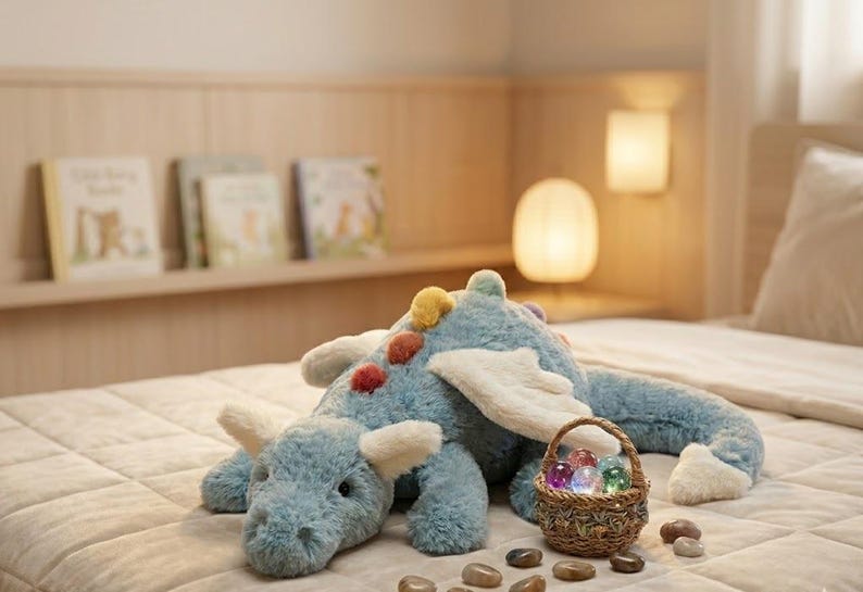 K&ouml;nnte beinhalten: Ein blaues Pl&uuml;schdrachen-Spielzeug mit wei&szlig;en Fl&uuml;geln und H&ouml;rnern liegt auf einem Bett. Ein kleiner Weidenkorb mit leuchtenden Kugeln steht daneben, zusammen mit mehreren glatten, dunklen Steinen. Das Thema ist fantasievoll.