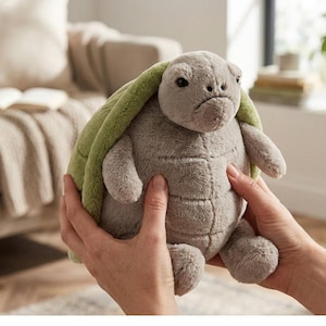 Puede incluir: Un peluche de tortuga en tonos grises y verdes. El juguete de peluche tiene un cuerpo gris, un caparazón verde y extremidades pequeñas. La tortuga está siendo sostenida por una persona.