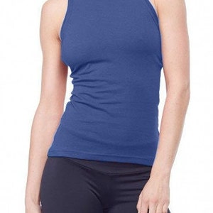 May include: A blue sleeveless tank top with a scoop neck. The tank top is made of a soft, stretchy fabric and has a relaxed fit.