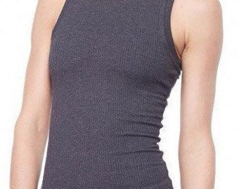 Camiseta de tirantes de cuello alto acanalada: mezcla de algodón y licra, fabricada en EE. UU.