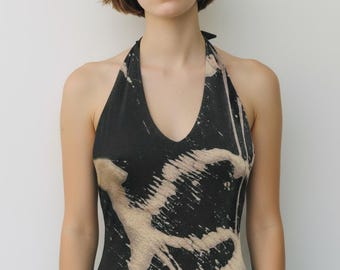 Camiseta de algodón con cuello halter, estampado ácido y sujetador incorporado, cuello halter ajustable con lazo, ropa de danza occidental, top teñido anudado, sin mangas, para atar