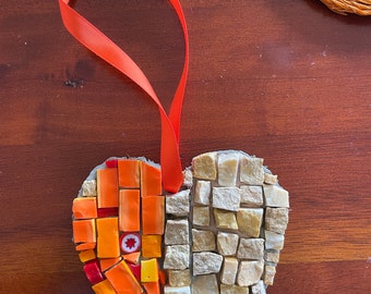 Mosaic artwork - Sunshine orange heart mosaic with a ribbon hanger, made with marble and fused glass (smalti). Country or beach decor.