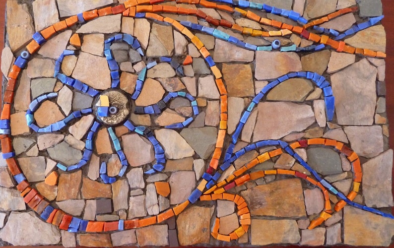 Mosaic art  slate and glass smalti in blue and orange