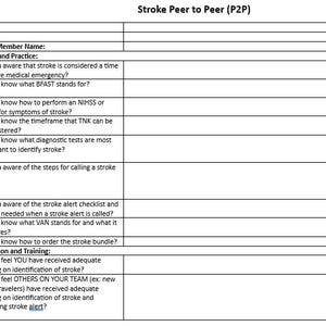 May include: A white document titled "Stroke Peer to Peer (P2P)" with a table of questions about stroke awareness, assessment, and training. The document includes sections for date, unit, and team member information.