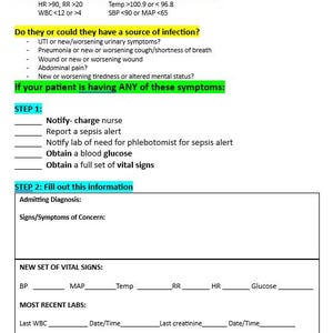 May include: A white document titled "INPATIENT SEPSIS ALERT PACKET- NURSE" with instructions on sepsis symptoms and patient care. Includes sections on vital signs, infection sources, and lab results. Text includes "Do you think your patient has SEPSIS?!?!?"
