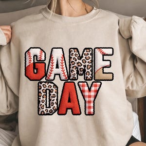 PNG de día de partido de béisbol, parche de chenilla, estampado de leopardo a cuadros, sublimación deportiva universitaria