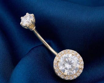 Piercing redondo para ombligo de diamantes/moissanita para mujer, chapado en oro de 14 quilates, ideal para fiestas.