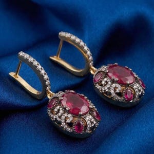 Antieke ovale rode robijn clip-on hangers 14K vergulde zilveren handgemaakte damesoorbellen