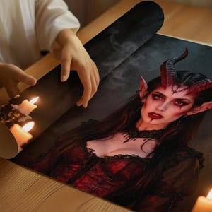 Puede incluir: Un póster enrollado que presenta a una mujer con cuernos rojos y orejas puntiagudas, vestida con un corsé rojo y encaje negro. El póster se está desenrollando, revelando un fondo oscuro con humo y velas encendidas.