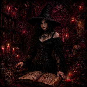 May include: A dark, gothic-themed image featuring a woman in a black witch hat and dress, surrounded by candles, skulls, and an open book. The scene is dominated by deep reds and blacks, creating a mysterious and occult atmosphere.