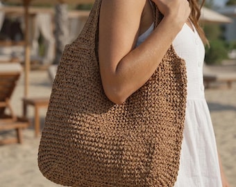 Modello per borsa tote in rafia all'uncinetto, tutorial facile per borsa a tracolla estiva (download PDF)