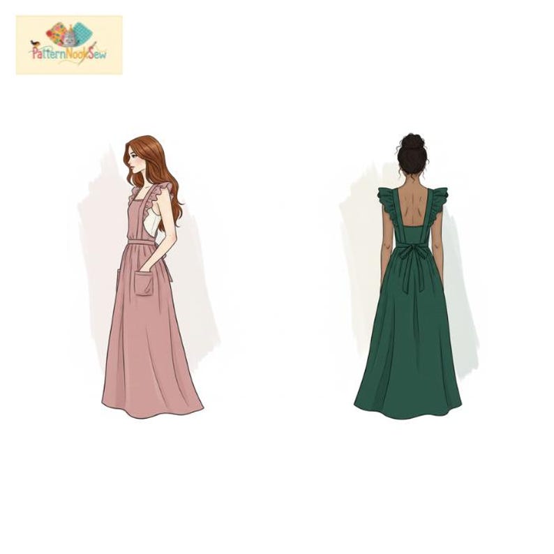 May include: Illustration of two dresses. One is a dusty rose color with a ruffled neckline, pockets, and a belt. The other is a dark green dress with a ruffled back and a bow. The dresses are shown on a white background.
