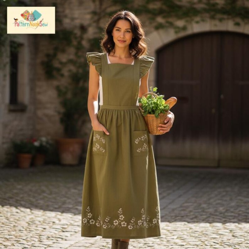 May include: An olive green apron with white floral embroidery on the pockets and hem. The apron has ruffled cap sleeves and a square neckline. A small basket of herbs and a loaf of bread are held in the hands.