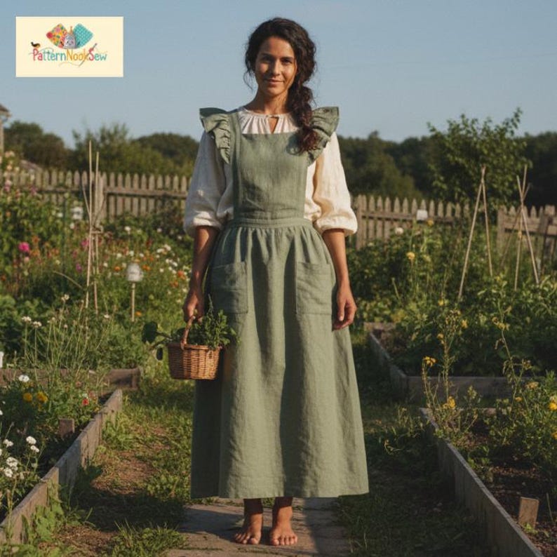May include: A woman wearing a sage green apron dress with ruffled shoulder details and a white blouse. The dress has two front pockets and a long skirt. She is holding a small woven basket with greenery in a garden setting.
