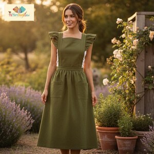May include: An olive green apron dress with ruffled sleeves and two front pockets. The dress has a square neckline and a white panel visible on the back. The model is standing in a garden setting with flowers and plants.