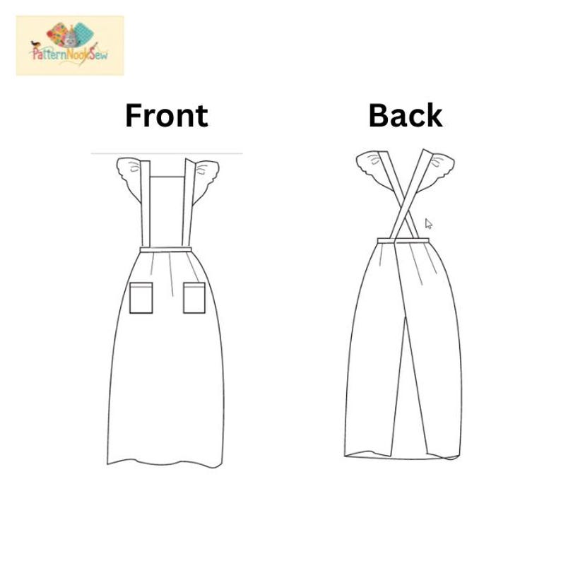 May include: Line drawing of a dress pattern, showing the front and back views. The front view has a bodice with straps and ruffle details, a waistline, and two pockets. The back view shows crossed straps and a flowing skirt.