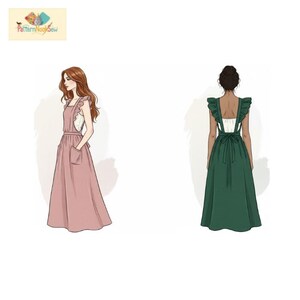 May include: Illustration of a pink dress with pockets and ruffle details, and a green dress with a white top and ruffle details. The dresses are shown from the front and back views. The image includes the text "Pattern Hook Sew".