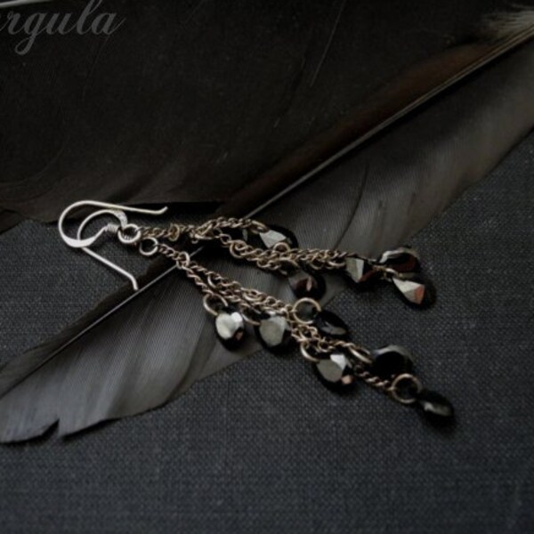 Black Swarovski earrings, sterling silver earrings, boho jewelry, dangle long earrings, black crystals for her
