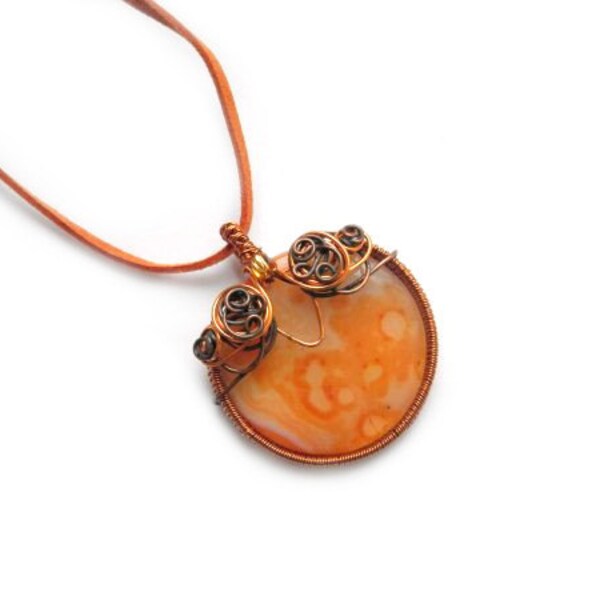 Lace Agate necklace, copper wire wrapping, round circle pendant, orange gemstone, pumpkin necklace