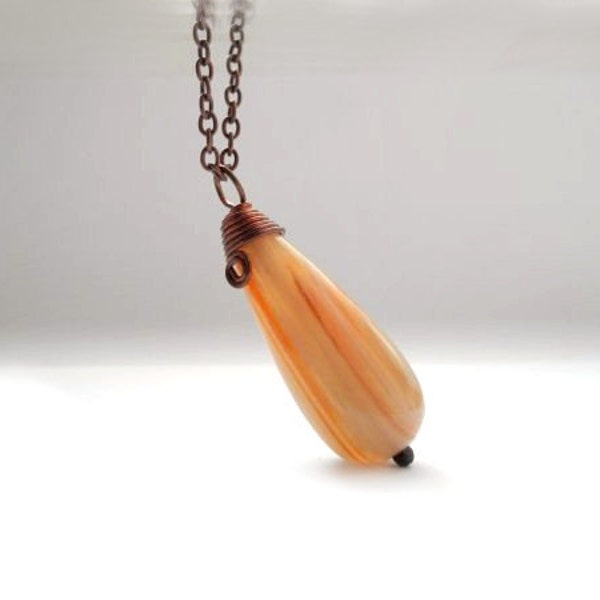 Dangle Agate necklace, copper wire wrapping, peach necklace, orange Agate gemstone, long teardrop pendant