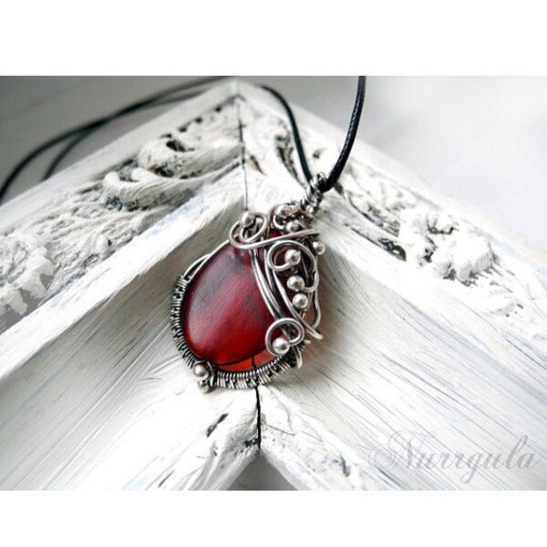 Fine silver necklace, wire wrapped pendant, burgundy necklace, red acryl bead, jewelry for her, Valentine's Day