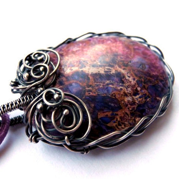 Wire wrapped silver pendant, geometric oval Jasper necklace, purple viola galaxy, unique gift