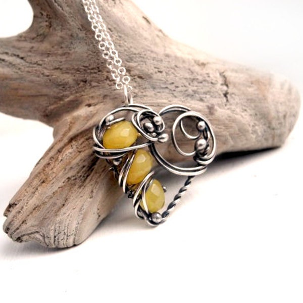 Yellow Chalcedony Heart necklace, Silver necklace for Valentine's Day, yellow Love necklace,honey exclusive necklace for her with Chalcedony