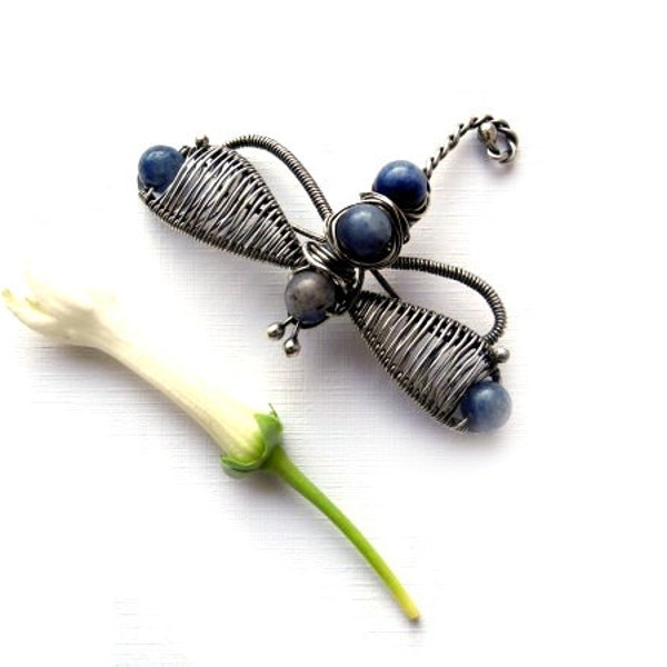 Dragonfly Silver Brooch- Sodalite Insect Brooch- Dusk Blue Grey Pin- Organic Gemstone Brooch- Animal Silver Pin - Pagan Celtic Magical