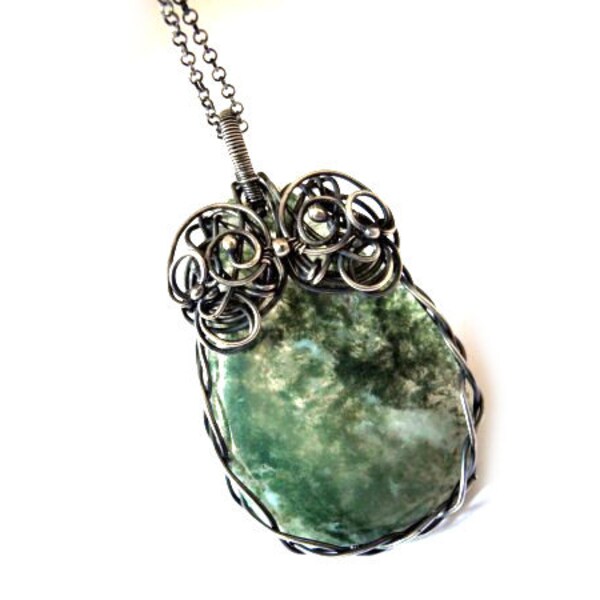 Moss Agate Necklace - Silver Wire Wrapped Pendant - Moss Forest Green - Teardrop Braided Necklace - Pagan Celtic Woodland - Natural Gemstone