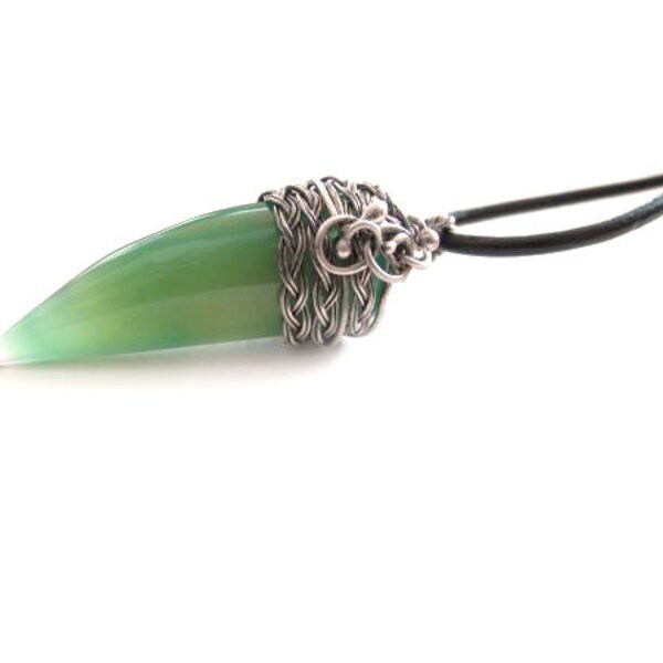 Mint Talon Agate Necklace - Vampire Fang - Silver Wire Wrapped Necklace - Dangle Tribal - Braided Celtic Woodland - Mint Jade Jewelry