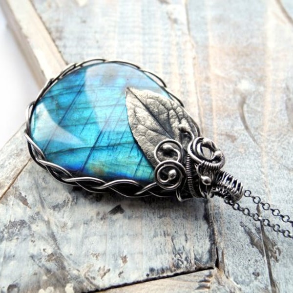 Labradorite Silver Necklace - Hand Made Silver Leaf - Blue Labradorite - Woodland Pagan Fantasy - Unique Jewelry - Luxury Valentine's Gift