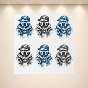 Peut inclure: Une impression présentant six illustrations stylisées d'un chien portant une casquette de baseball à l'envers, un sweat à capuche et une chaîne. Les illustrations sont dans des tons de bleu et de noir, avec un fond blanc.