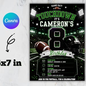 Puede incluir: Una invitación de cumpleaños de 5x7 pulgadas con temática de fútbol americano, fondo de estadio, el número 8, un balón y un casco. El texto dice: GAME DAY! TOUCHDOWN IT'S CAMERON'S 8 BIRTHDAY, con detalles para el lunes 12 de noviembre de 2026.