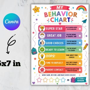 May include: A 5x7 inch behavior chart featuring the title MY BEHAVIOR CHART in colorful letters. It includes seven rows with icons and text such as SUPER STAR, GREAT JOB, GOOD CHOICES, READY TO LEARN, OOPS, TIME TO REFLECT, and PARENT CONTACT.