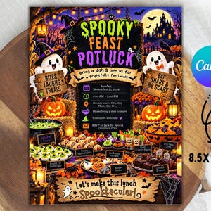 Op de afbeelding: Een rechthoekige Halloween potluck uitnodigingsflyer van 8,5 bij 11 inch. Het ontwerp bevat een griezelig feestthema met spoken, pompoenen en een spookhuis. De tekst bevat SPOOKY FEAST POTLUCK en details over het evenement.