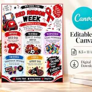 Red Ribbon Week Itinerary Flyer Template Printable Editable School PTO PTA Company Nonprofit Organization Schedule Template