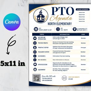 May include: A printable PTO Agenda template for North Elementary measuring 21.59x27.94 cm. The document features a navy blue and gold colour scheme, a school building icon, and a structured table layout for meeting topics, information, and leads.