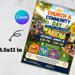 Flyer för kyrkogemenskap, affisch för picknickevenemang, sommarkyrkoverksamhet, grillevenemang, bön, gemenskap, redigerbar Canvas-mall