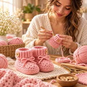 May include: A pair of light pink crocheted baby booties featuring a ribbed cuff, a small decorative bow, and a single wooden button on the side. The booties are crafted from soft yarn and are displayed alongside a ball of matching pink yarn.