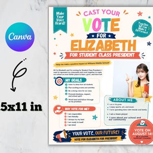 May include: A campaign flyer measuring 8.5x11 inches for a student class president election. The flyer features the text Cast Your Vote For Elizabeth, lists goals and about me sections, and includes a photo of a student with a yellow top.