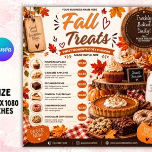 Puede incluir: Un folleto de menú digital titulado Fall Treats que presenta una lista de postres que incluye cupcake de calabaza, tarta de manzana con caramelo, brownie de nuez, tarta de queso de calabaza, dónut de canela y galleta con chispas de chocolate.
