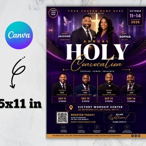 Puede incluir: Un folleto de evento religioso en color morado y negro que mide 8.5x11 pulgadas. El texto dice Annual Holy Convocation, Purpose, Power, Presence, y enumera las fechas del 11 al 14 de octubre de 2026. Incluye retratos, una cruz y un código QR.