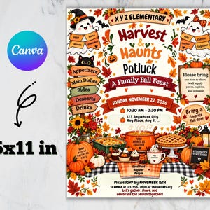 May include: A rectangular flyer for an XYZ Elementary Harvest and Haunts Potluck on 22 November 2026. The design features ghosts, pumpkins, autumn leaves, and food illustrations. Text includes event details, RSVP info, and the size 21.59x27.94 cm.