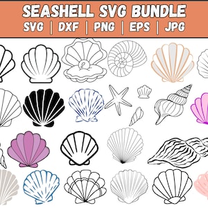 May include: A selection of seashell designs in diverse styles and colours, including black, white, pink, and blue. The image features the text "Seashell SVG Bundle" with file type indicators: SVG, DXF, PNG, EPS, and JPG.