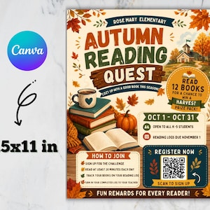 Puede incluir: Un folleto de 8.5x11 pulgadas para el Rose Mary Elementary Autumn Reading Quest. El diseño presenta hojas de otoño, una pila de libros, una taza con un corazón y una calabaza. Incluye detalles sobre el reto de lectura, un código QR y fechas.