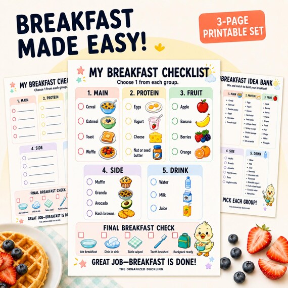Kids Breakfast Checklist Printable | Build Your Own Breakfast Choice Chart | Morning Routine & Meal Planner
