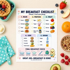 May include: A printed breakfast checklist titled MY BREAKFAST CHECKLIST with five categories including Main, Protein, Fruit, Side, and Drink, featuring colorful illustrations of food items, checkboxes, and a cartoon duckling at the bottom.