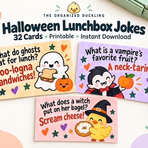 May include: Three rectangular Halloween lunchbox joke cards featuring cartoon illustrations of a ghost with a sandwich, a vampire with a peach, and a duckling in a witch hat with a bagel. The text includes jokes and the title Halloween Lunchbox Jokes.